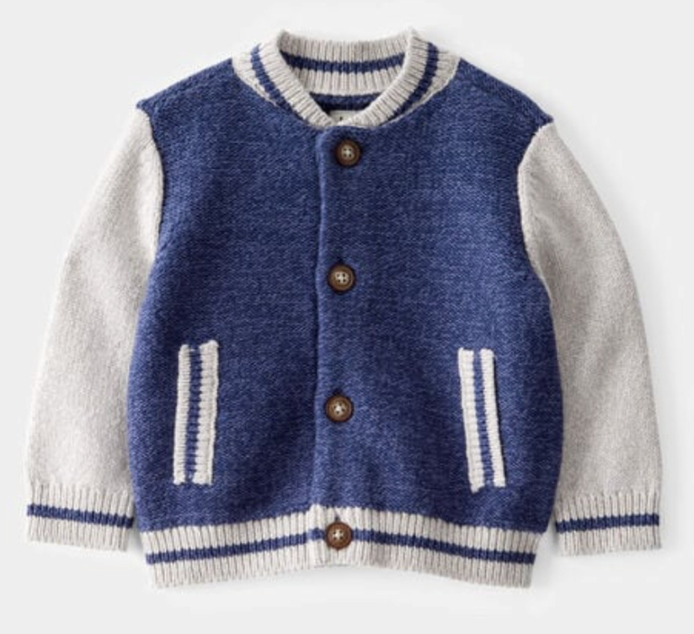 OshKosh B'gosh Baby Navy Jersey Knit Varsity Button-Down Sweater Sz 6m